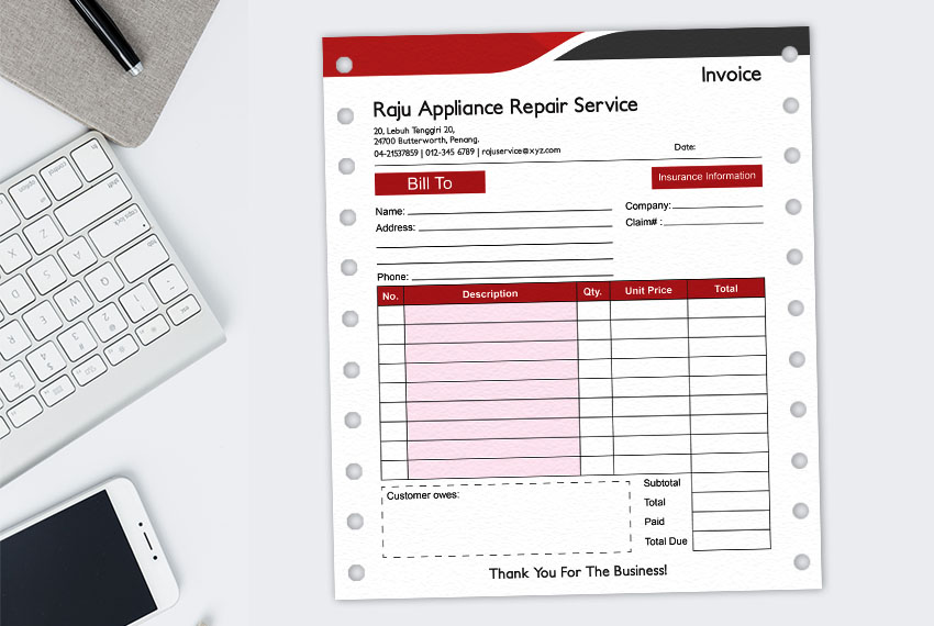 Computer Form - Appliance Repair Invoice  